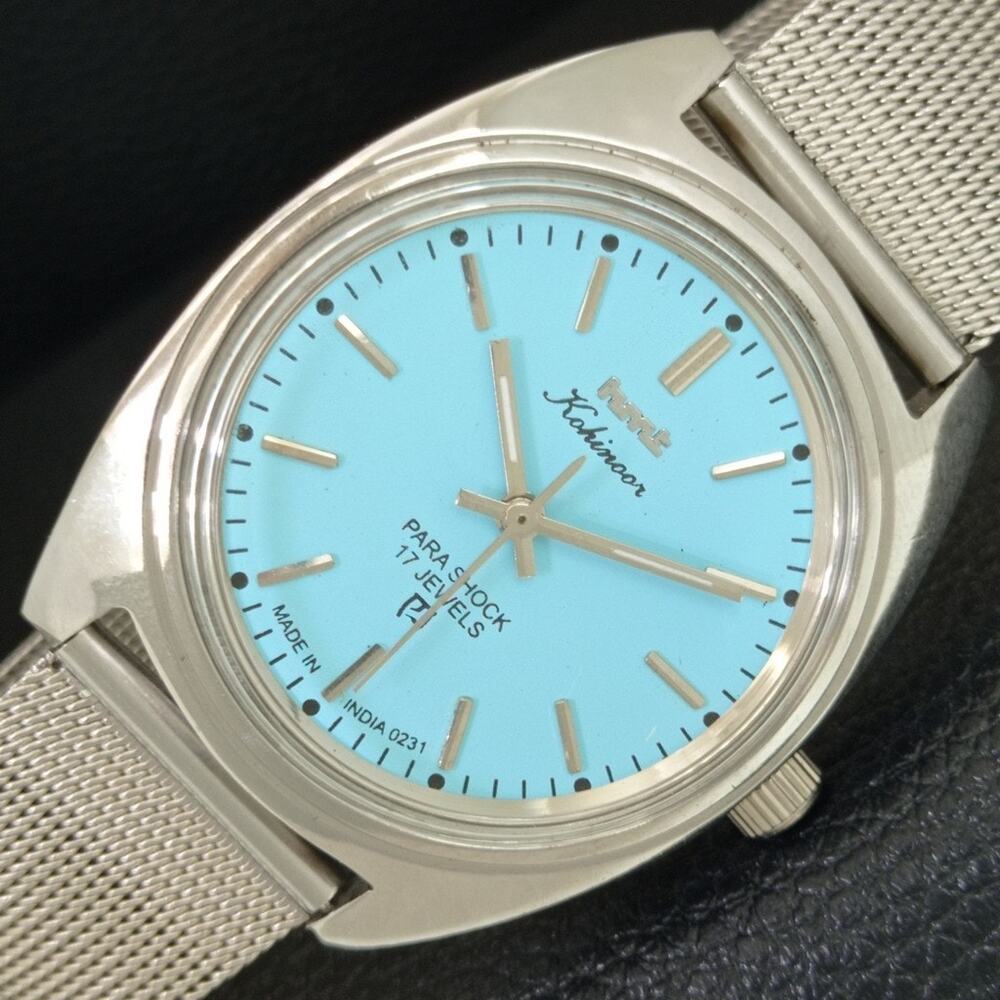 Vintage 1988 HMT Manual Wound Mens Silver Watch & Blue accents